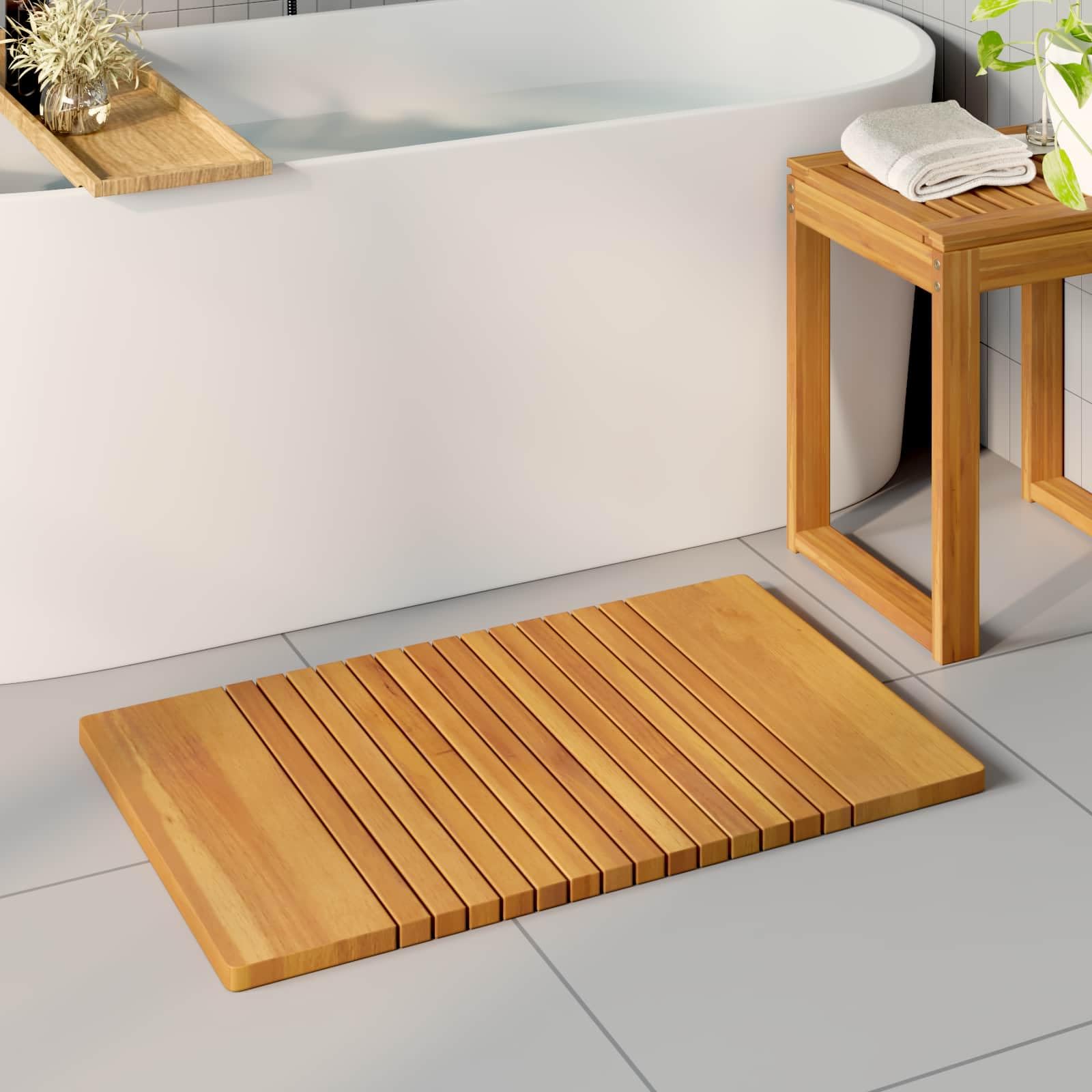 Alfombra de baño de madera con superficie engrasada, antideslizante, para baño y ducha, secado rápido, lavable, versátil, color marrón
