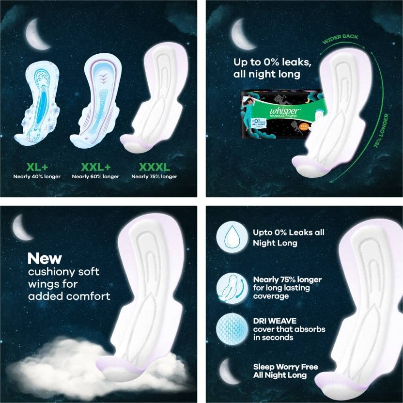 Whisper Ultra Clean (50s) and Bindazz Nights XXXL+ (10s) (Day and Night Pack) Sanitary Pad (Pack of 60Pcs) 3