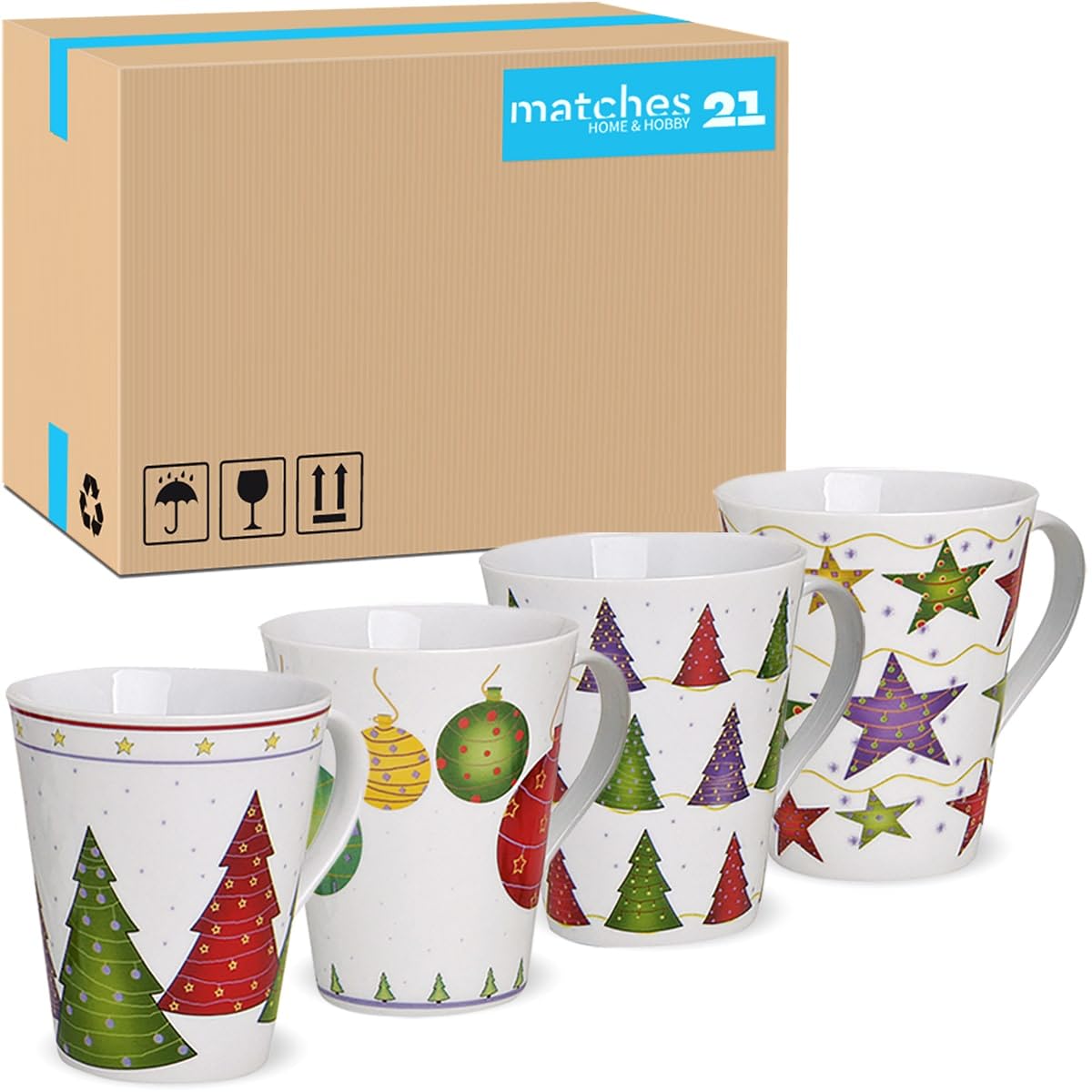 Tassen 36er Set Xmas bunte Dekore - Klassische Porzellan Kaffeebecher als Weihnachtstassen in 11 cm - Weiße Motiv Kaffeetassen für Weihnachten spülmaschinenfest und mikrowellengeeignet