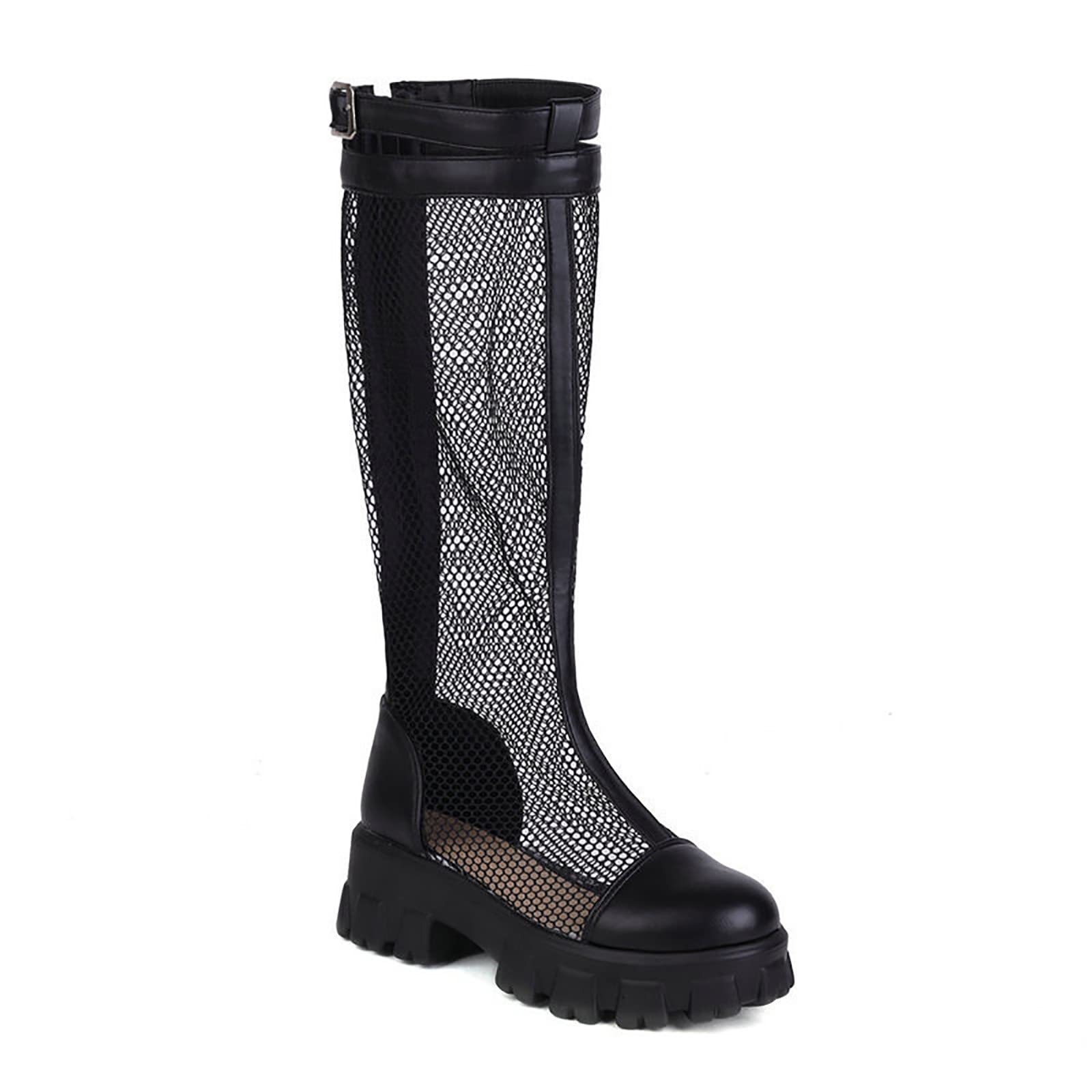 Stivali da donna a metà polpaccio Primavera Ed Estate Moda Mesh Stivali Tacco Quadrato Spessa Confortevole Stivali da Cowboy in Pelle Al Ginocchio