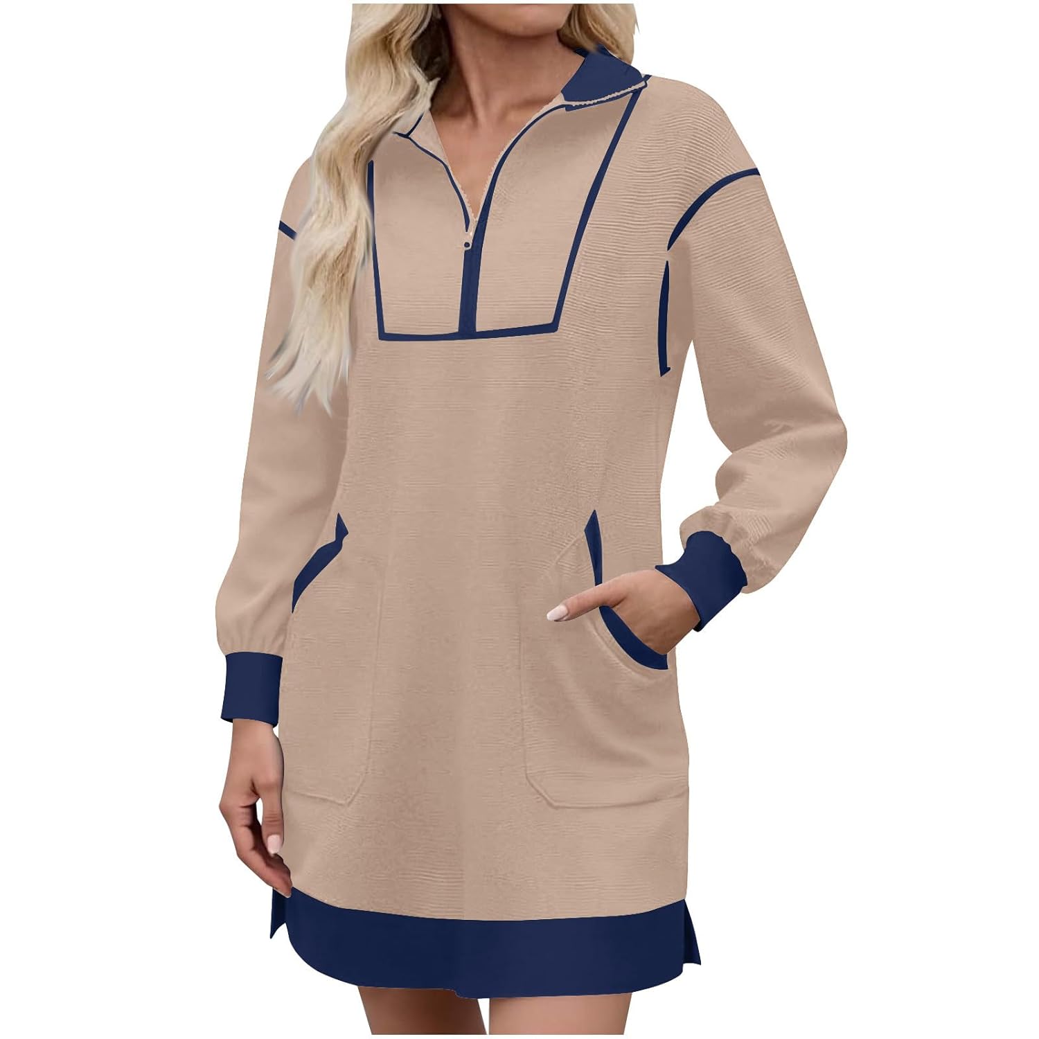 Women Sweatshirt Dress Half Zip Long Sleeve Lapel Collar Pullover Color Block Fall Casual Mini Dresses with Pockets