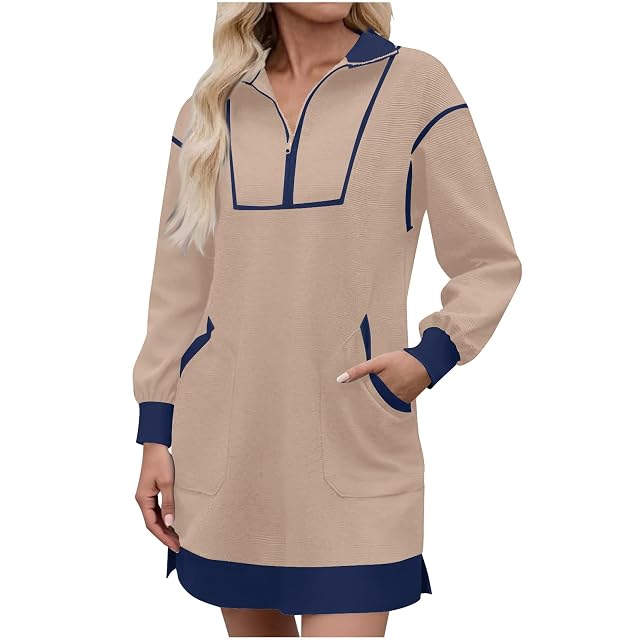 Women Sweatshirt Dress Half Zip Long Sleeve Lapel Collar Pullover Color Block Fall Casual Mini Dresses with Pockets