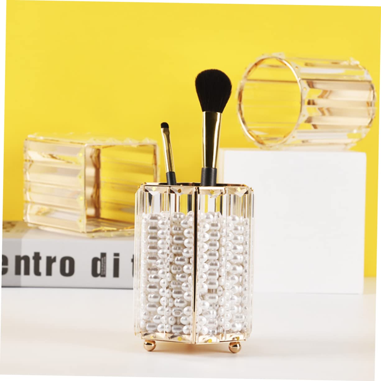 PLAFOPE Portalápices de Vidrio Dorado, Jarrón Hexagonal Decorativo para Lápices y Cejas, Organizador Multiuso para Oficina y Hogar