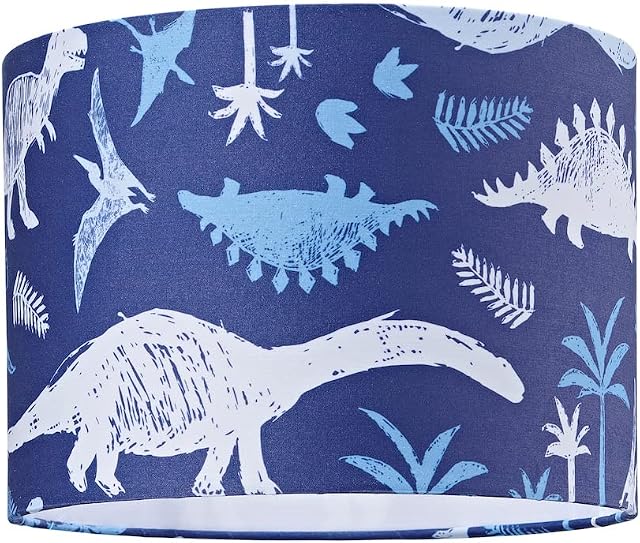 Modern and Fun Dinosaur Themed Navy Blue and White Cotton Children's Cotton Lamp Shade | 25cm Diameter | T-rex, Stegosaurus, Velociraptor and Diplodocus by Happy Homewares