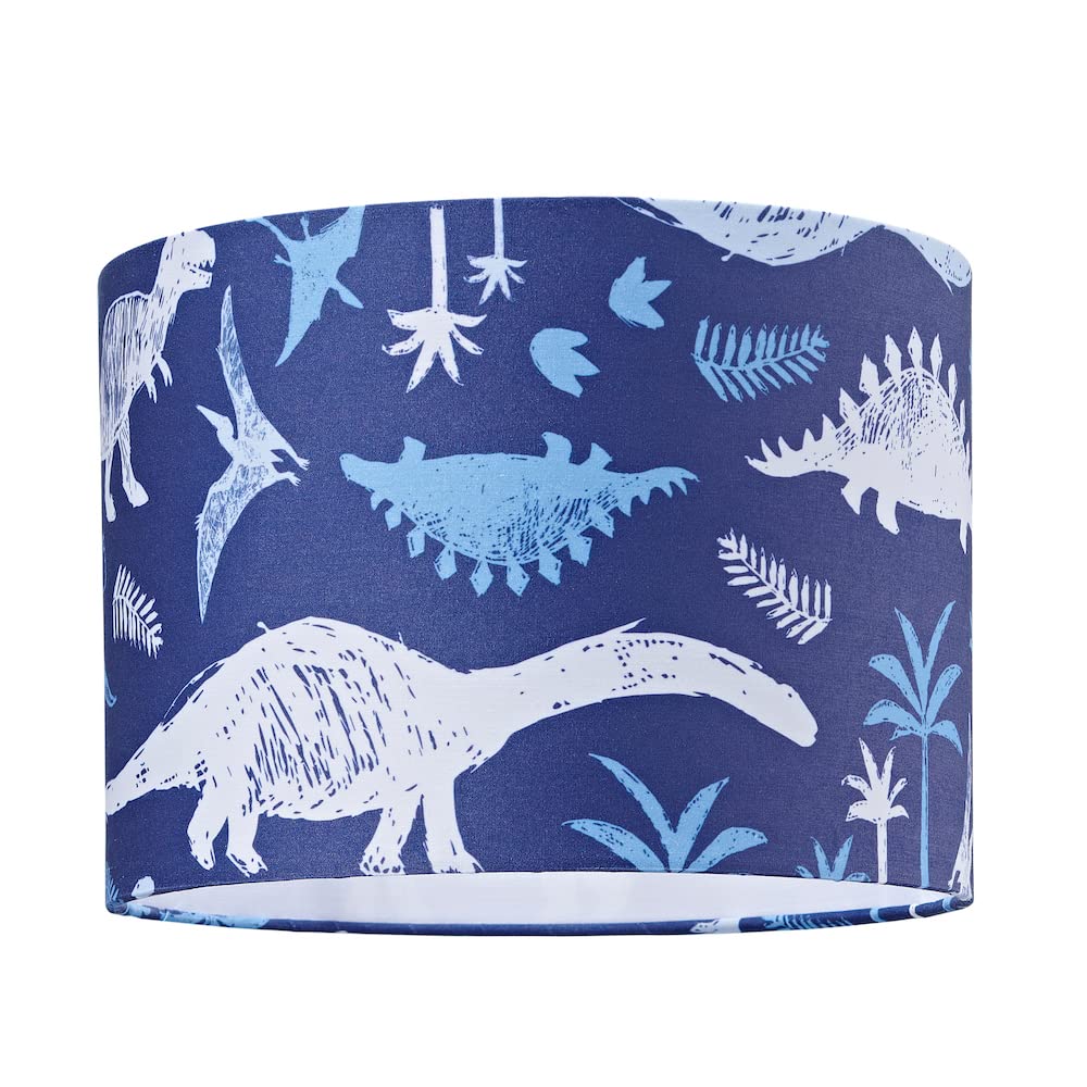 Happy Homewares Midnight Blue Modern And Fun Dinosaur Themed Navy Blue And White Cotton Children's Cotton Lamp Shade | 25Cm Diameter | T-Rex, Stegosaurus, Velociraptor And Diplodocus By