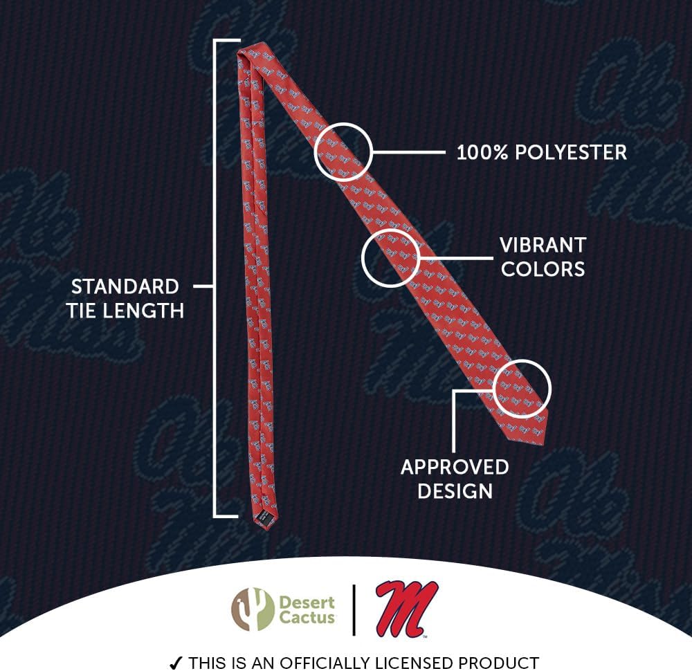 Desert Cactus University of Mississippi Neck Tie Ole Miss Rebels 100% Polyester Necktie with Logo, Officially Licensed (Tie E)