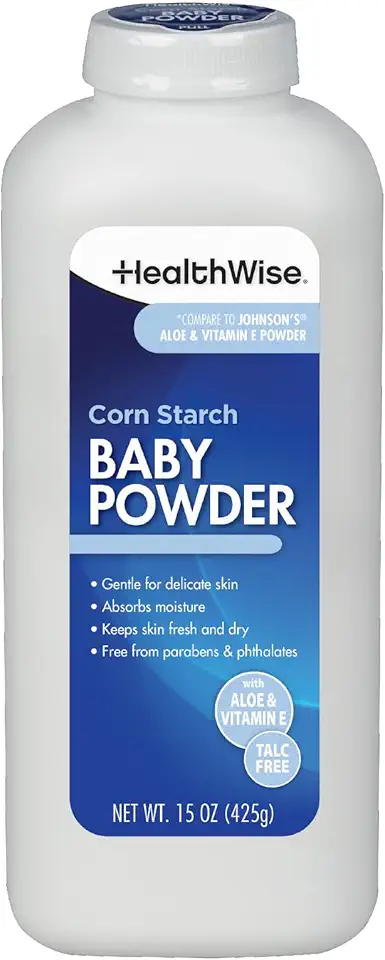 HealthWise Corn Starch Baby Powder | Aloe + Vitamin E | Talc Free | Paraben &amp; Phthalate Free | Absorbs Moisture | 15 oz (425g)