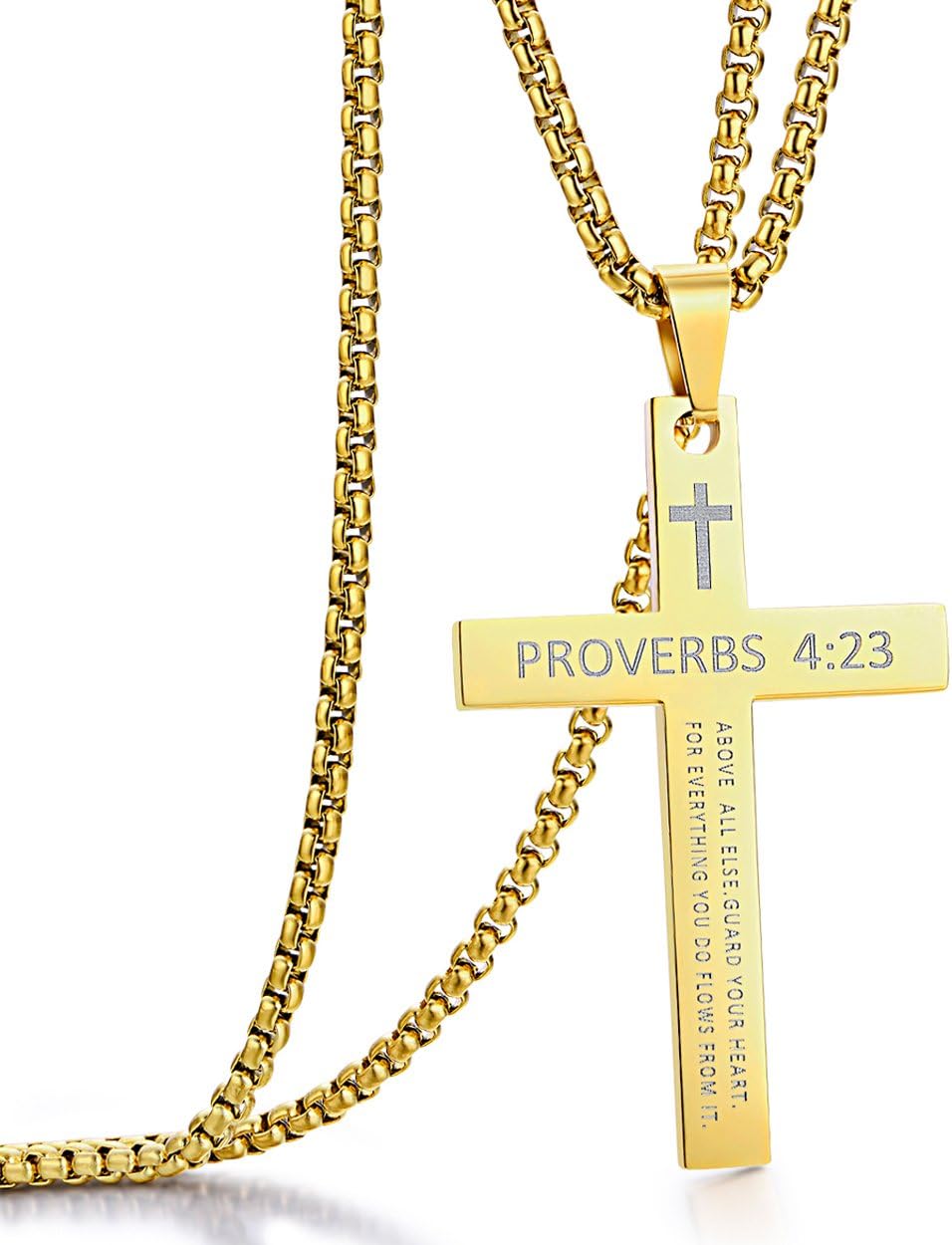 Rehoboth Stainless Steel Cross Pendant Necklaces Bible Verse Proverbs 4:23 Pendant for Men or Women Chain 24 Inch Black Gold Silver