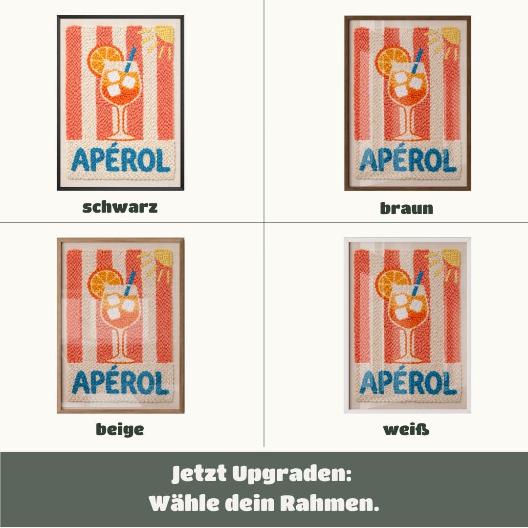 MJ-GRAPHICS® Poster Aperol Kunstdruck Stickerei Wandbild Rot Orange Deko Sommer Küche Wohnzimmer 50x70 mit braunem Rahmen