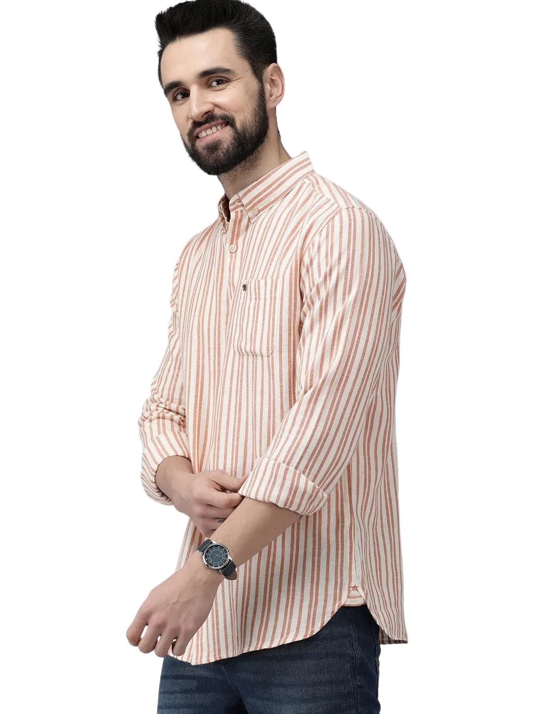 the bear house Men's Off White & Orange Slim Fit Striped Linen Cotton Casual Shirt | 3XL |TBH-ORB-OR-3XL |-picture-20