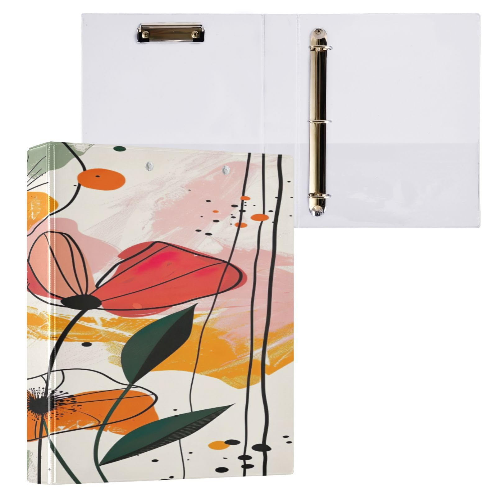 Raccoglitore a 3 anelli, 3,8 cm, motivo floreale astratto, decorativo, rotondo, con clip in metallo, formato lettera, per casa e ufficio, confezione da 2