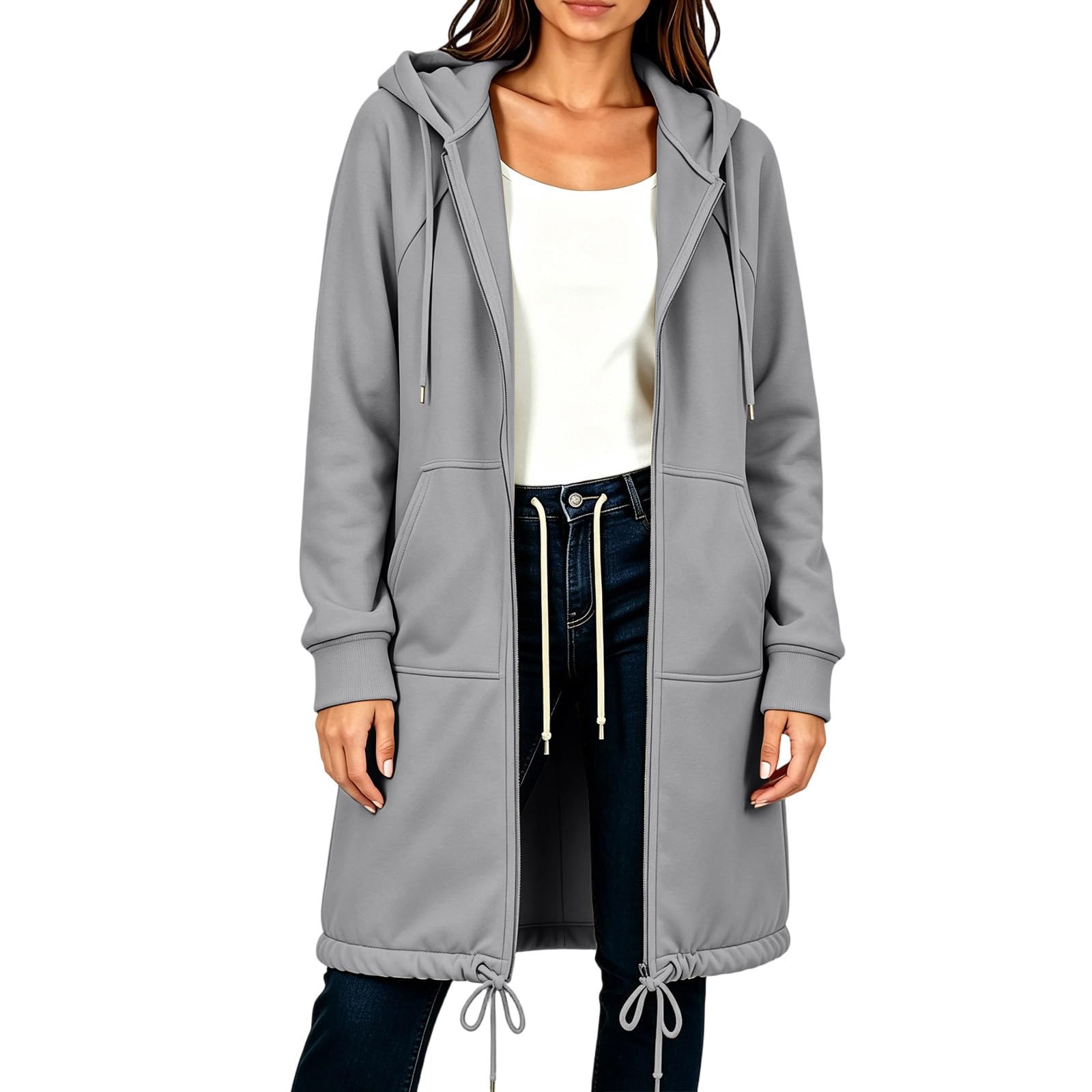 Generisch Sweatjacke Damen Lang Mit Kapuze Hoodie Reißverschluss Elegant Sweatshirt Retro Hoody Leicht Jackenfrühling Freizeit Einfarbig Jacke Mit Taschen Komfort Jacket Mode Kleidung
