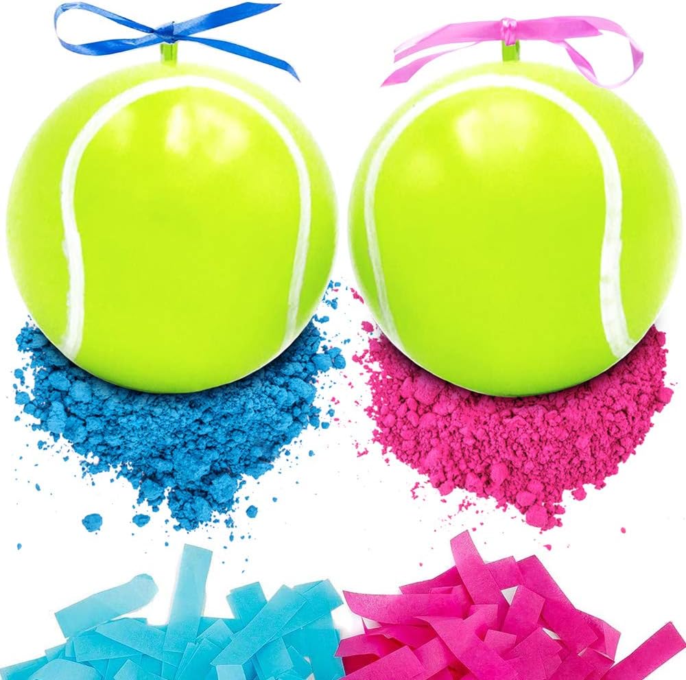 Gender Reveal Tennis Ball Set - 2 Balls with Powder and Confetti - Pink and Blue