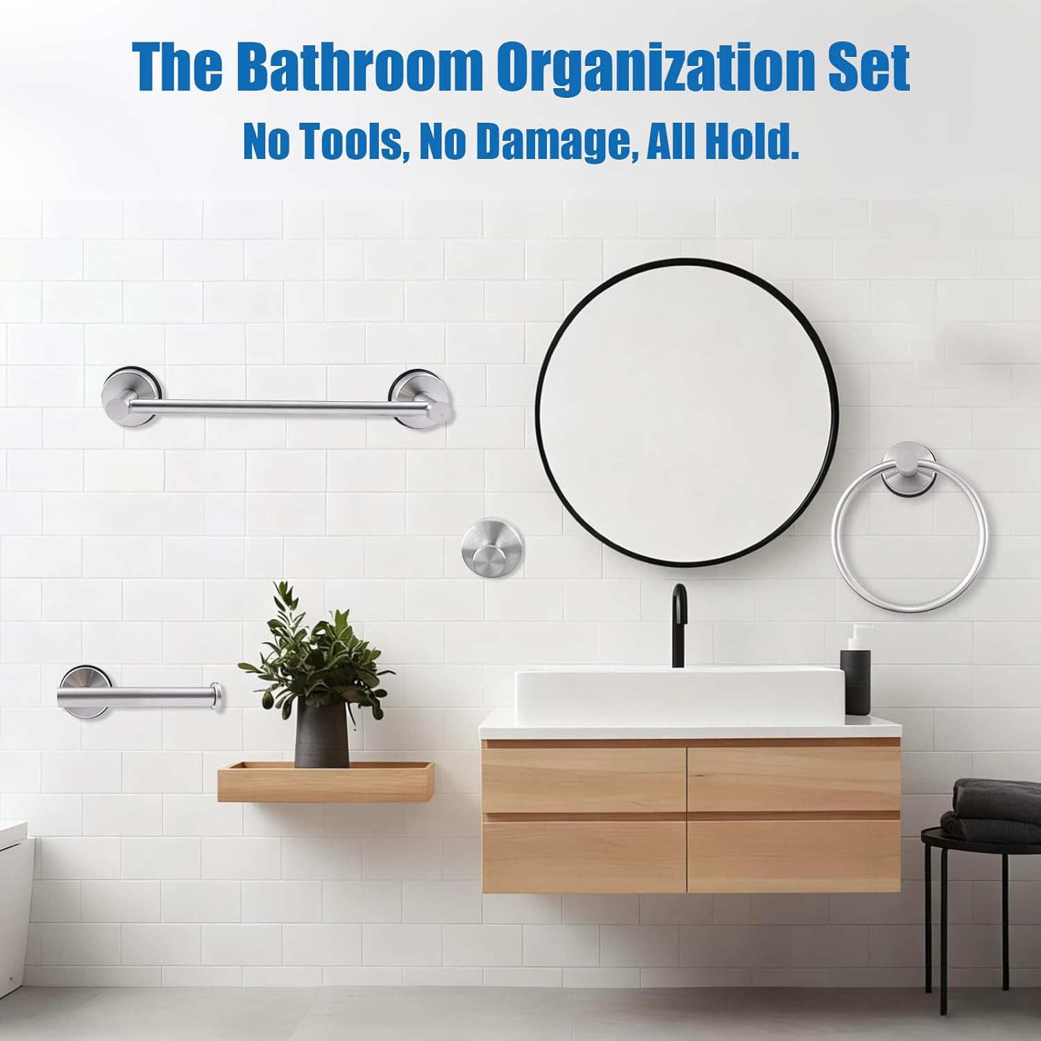 4Pcs Stainless Steel Suction Cup Hook Set, Wall Mount Hooks, Includes Towel Ring, Roll Holder, Hooks and Hangers for Bathroom Kitchen Organization (Silver)