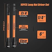 Vista 4 de 16Pcs Long Magnetic Nut Driver Set for Impact Drill 6 Inch Long Nut Driver Set SAE and Metric 1/4 Inch Hex Shank Cr-V Steel