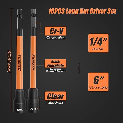 Miniatura 4 de Juego de 16 destornilladores magnéticos largos para taladro de impacto, juego de destornilladores de tuercas de 6 pulgadas de largo, SAE y métrico,