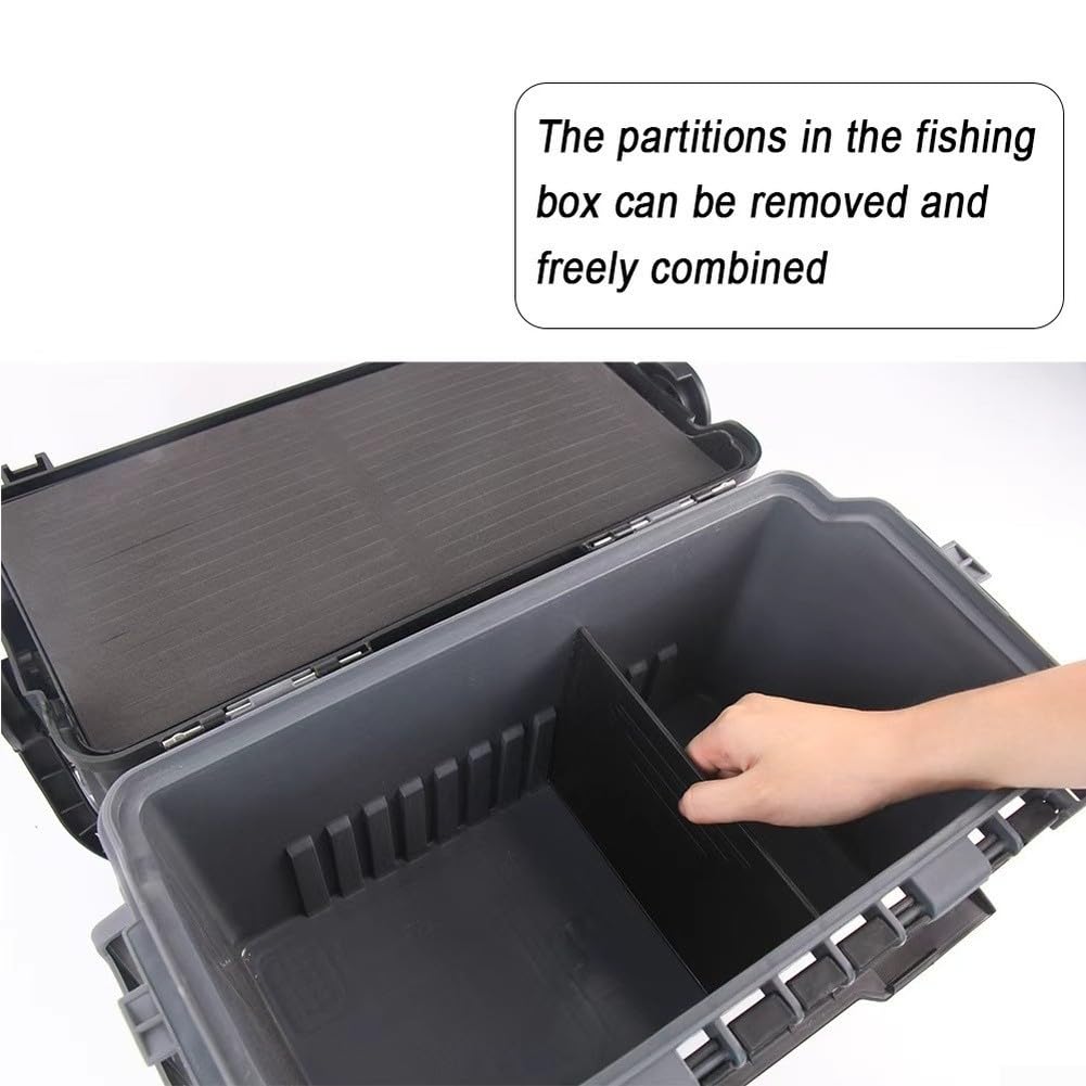 Caja de aparejos de pesca de gran capacidad con asiento, divisores ajustables para mar y agua dulce, estuche de almacenamiento portátil de polietileno con correa para el hombro, negro (gris pequeño)