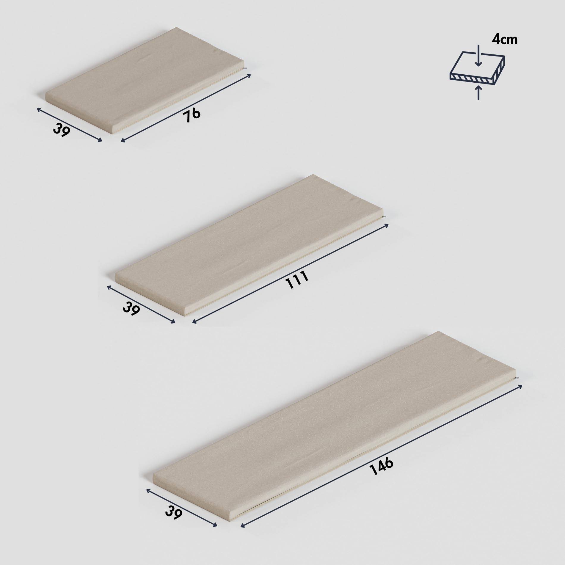 Sitzauflage für Kallax Regal 1x2, 1x3 und 1x4-4cm dickes Sitzkissen, Polster + waschbarer Bezug mit Reißverschluss - Ideal für Sitzbank im Flur & Kinderzimmer, in Grau oder Beige (111, Beige)
