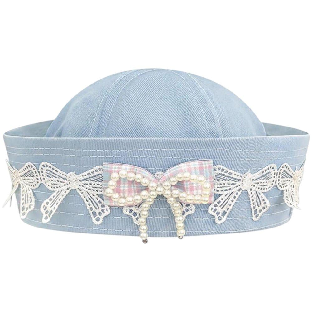 hzzsbu Y2k Lace Bow Sailor Hat Sail Hats Stylish Beret Cap for Women Lolita Costume Accessory Dressing Up Party