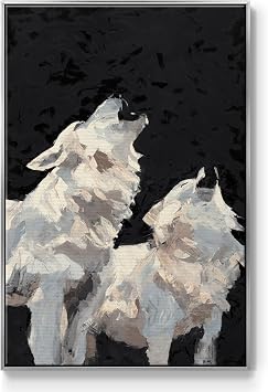 Renditions Gallery Animals Wall Art Silver Floater Frame Home Decor White Midnight Wolves Howling Abstract Modern Hanging Paintings for Living Room Kitchen Office - 27"x41" LT543