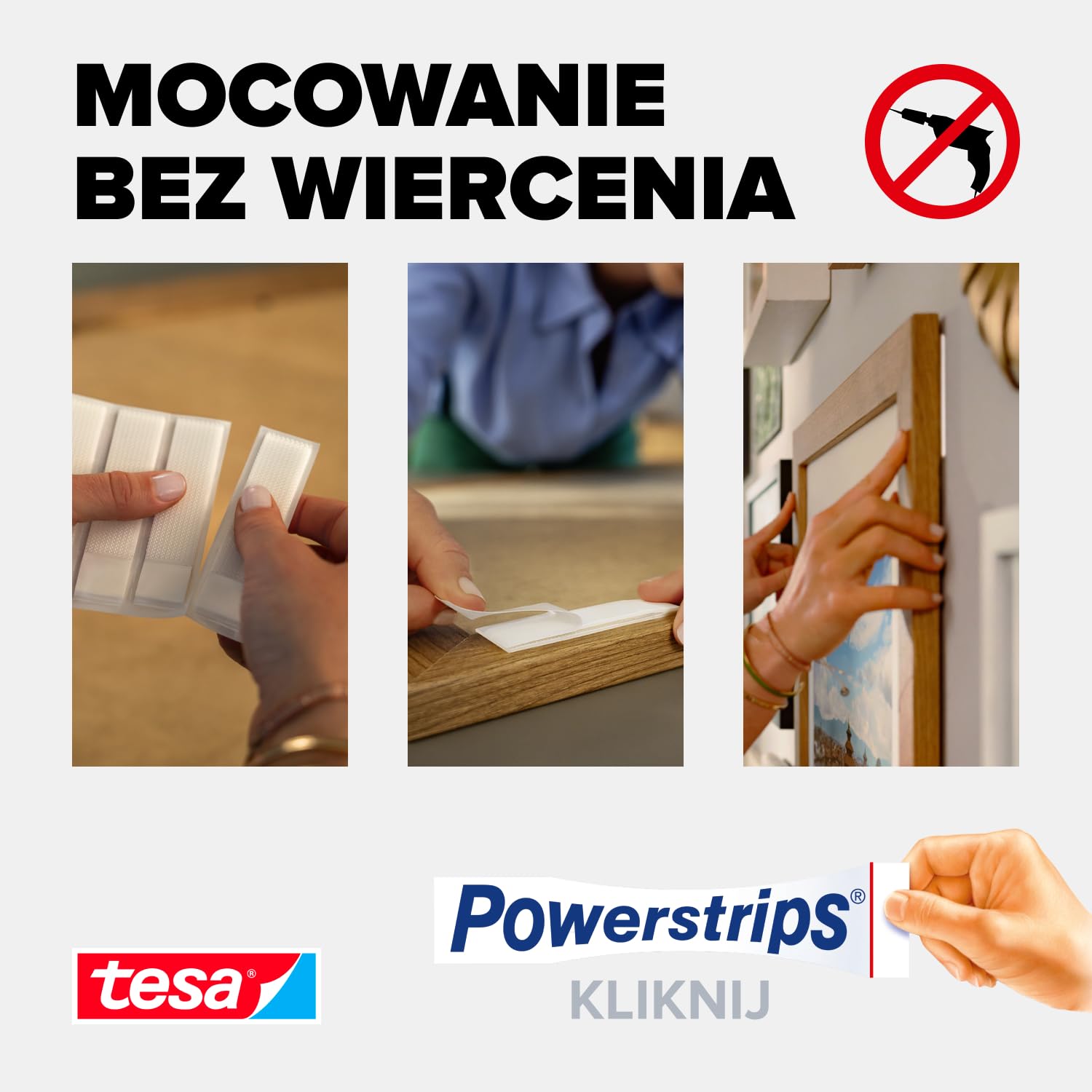 tesa Powerstrips CLICK samoprzylepne paski do mocowania i odklejania ramek na zdjęcia i dekoracji ścian, bez wiercenia, paski samoprzylepne z systemem zatrzaskowym ON & OFF, średnie, 16 x 2 sztuki