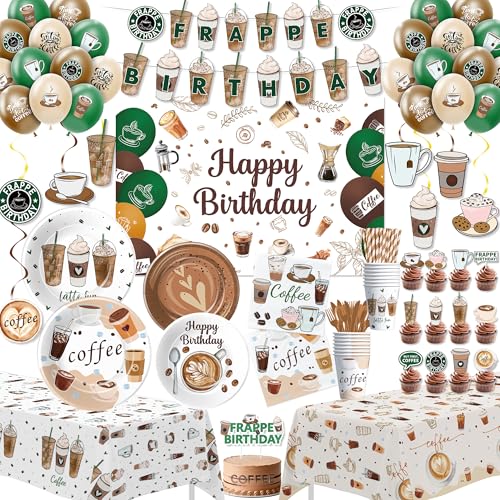 Xigejob Coffee Birthday Decorations Latte Fun Coffee Party Decorations Supplies for Birthday Baby Shower Plate Cup Napkin Tablecloth Banner Backdrop Swirls Topper Balloon Cutlery Serves 24