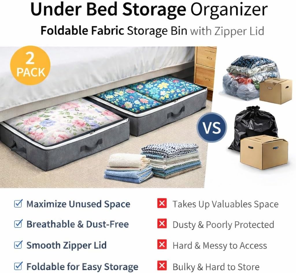 2 Pack Under Bed Storage Containers 39 x 20 x 6 Inch Low Profile Underbed Storage Bins with Zipper Lid Sturdy Sidewalls Bottom Handles Label Holder Fabric Organizer for Clothes Blankets Closet (Grey)