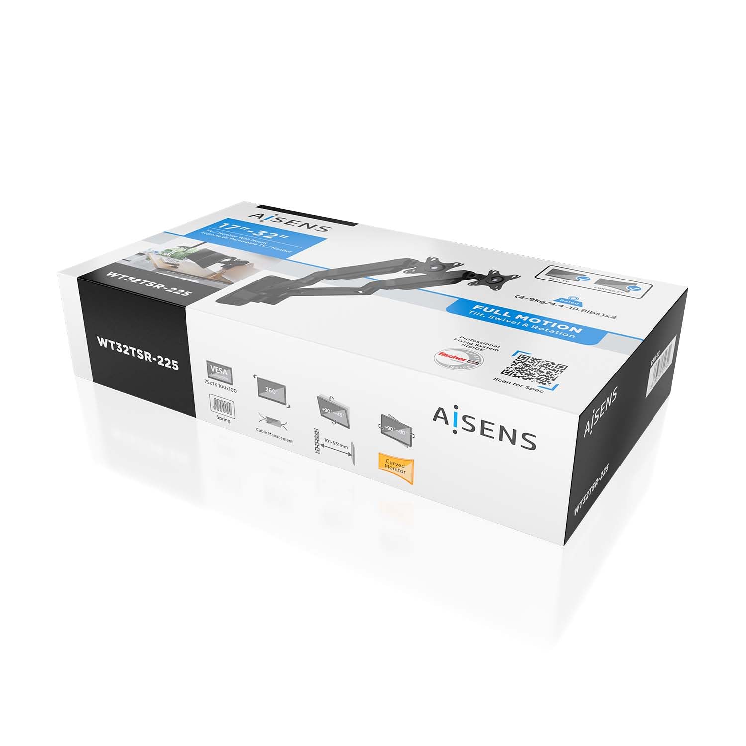 AISENS Supporto Da Parete Pro Contrappeso girevole E Inclinabile Per Monitor TV 9kg 3 Pivot 2 Bracci 17 32 Nero