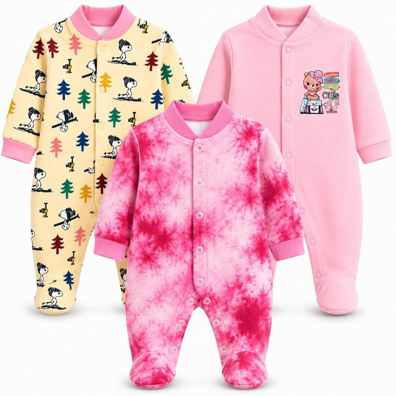 Image of EIO 100% Cotton Baby Rompers Sleepsuits Jumpsuits Night Suits for Newborn Baby Boys & Girls | Soft Infant Bodysuit | Pack of 3 Kids Rompers