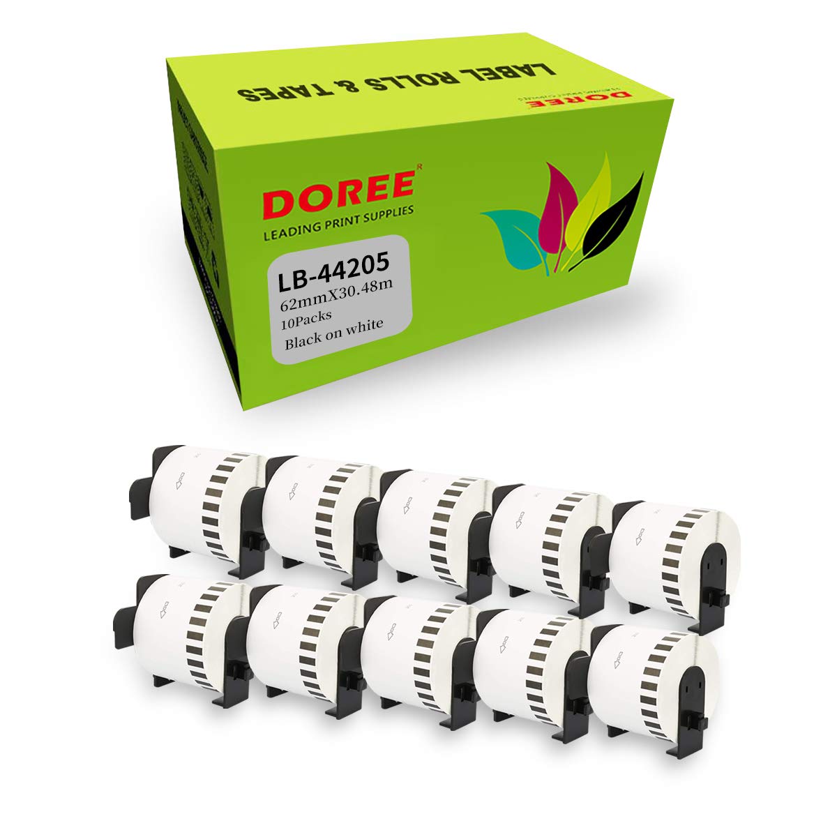Doree 10 Rollen DK44205 62mm x 30,48m Endlosetiketten Brother QL kompatibel | 62 mm x 30,48m Ablösbare selbstklebende Etiketten Kompatibel mit Brother 44205 schwarz auf weis Brother QL-Serie