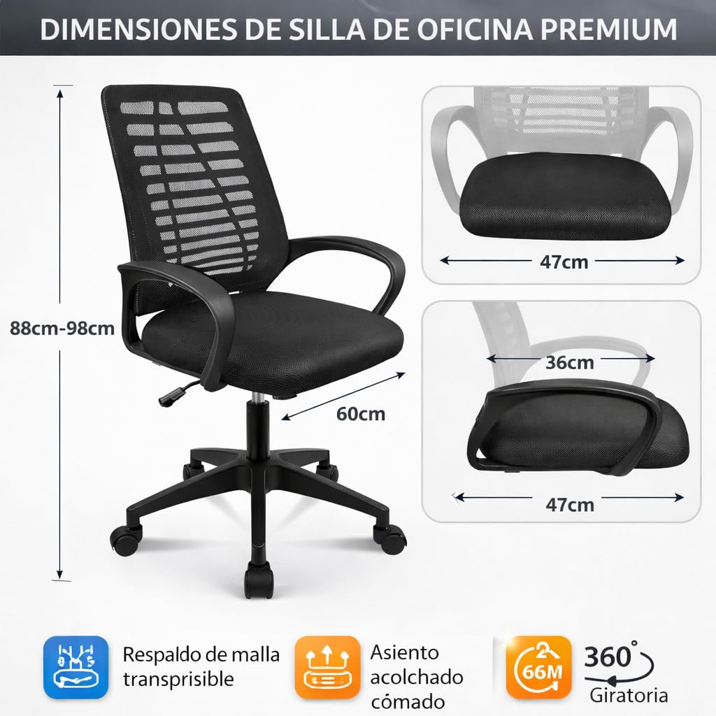 T-LoVendo - Silla de Oficina o Escritorio ergonómica con Soporte Lumbar y Respaldo de Malla Transpirable. Altura Regulable. Giratoria