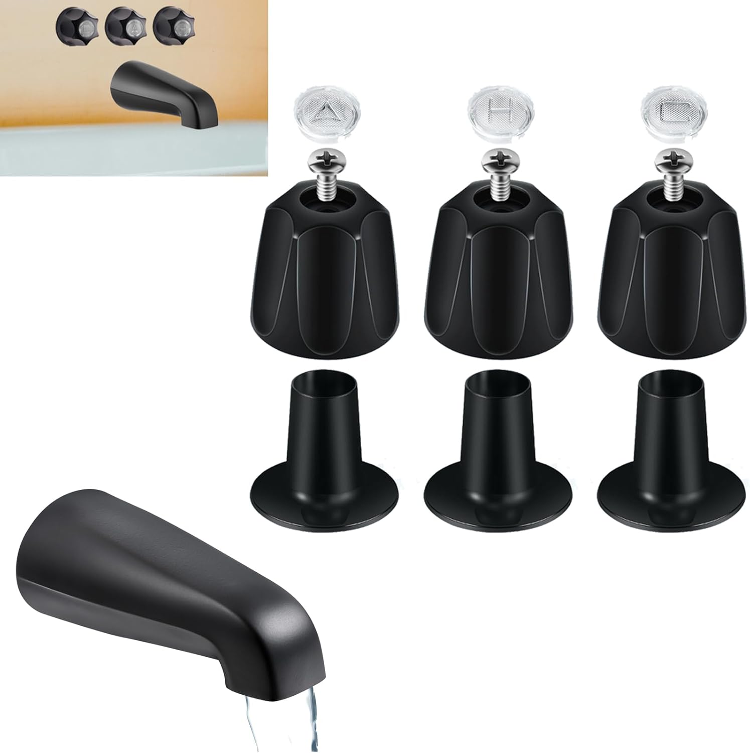 Matte Black 3 Pcs Shower Knob and Bath Tub Spout Trim Kit (3 Pcs Shower Knob Kit and Bath Tub Spout, Black)