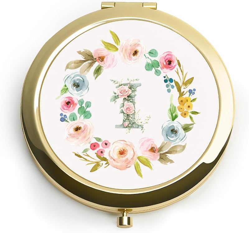 Espelho compacto redondo QUSTGO com monograma floral personalizado, dourado, 1 unidade