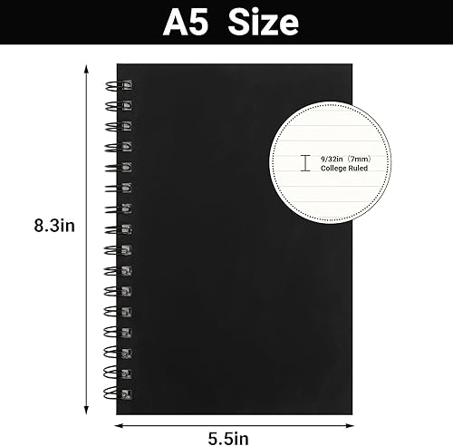 Miniatura 2 de EUSOAR Cuaderno de espiral con rayas universitarias, paquete de 3 cuadernos negros A5 de 5.5 x 8.3 pulgadas, tapa dura gruesa, 160 páginas80 hojas