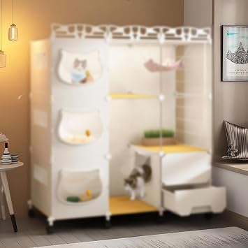Cat Enclosure with Cat Litter Box, Cat Cages Indoor DIY, Interactive Cat Villa, Upgrade Caster Wheel, Free to Move, Easy to Clean Size 107x47x112cm