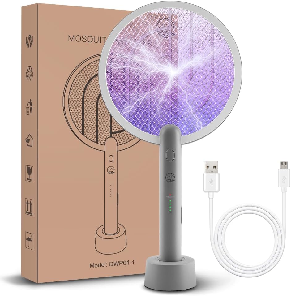 Electric Fly Swatter Racket, Mosiller 2 in 1 Smart Bug Zapper with USB Rechargeable Base, Powerful Mosquitoes Trap Lamp & Fly Killer with 3-Layer Safety Mesh for Home, Bedroom, Kitchen, Patio（1 Pack）