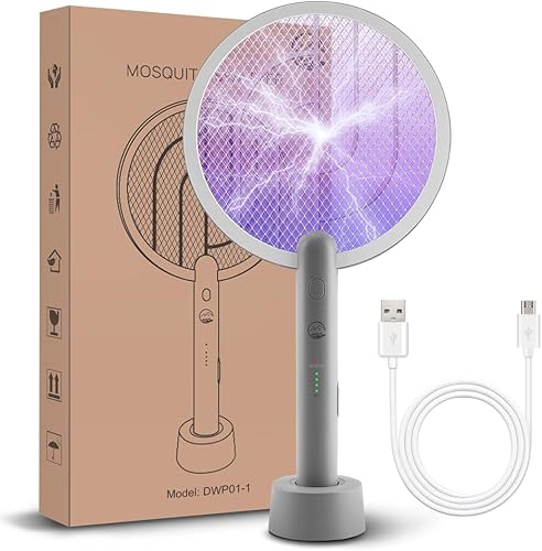 Mosiller - Raqueta eléctrica matamoscas inteligente 2 en 1 con base recargable USB, potente lámpara de trampa de mosquitos y matamoscas con malla de