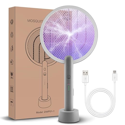 Electric Fly Swatter Racket, Mosiller 4000V 2 in 1 Bug Zapper with USB Rechargeable Base, Powerful Mosquitoes Trap Lamp & Fly Killer with 3 Layer Safety Mesh for Home, Bedroom, Kitchen, Patio (1 Pack)