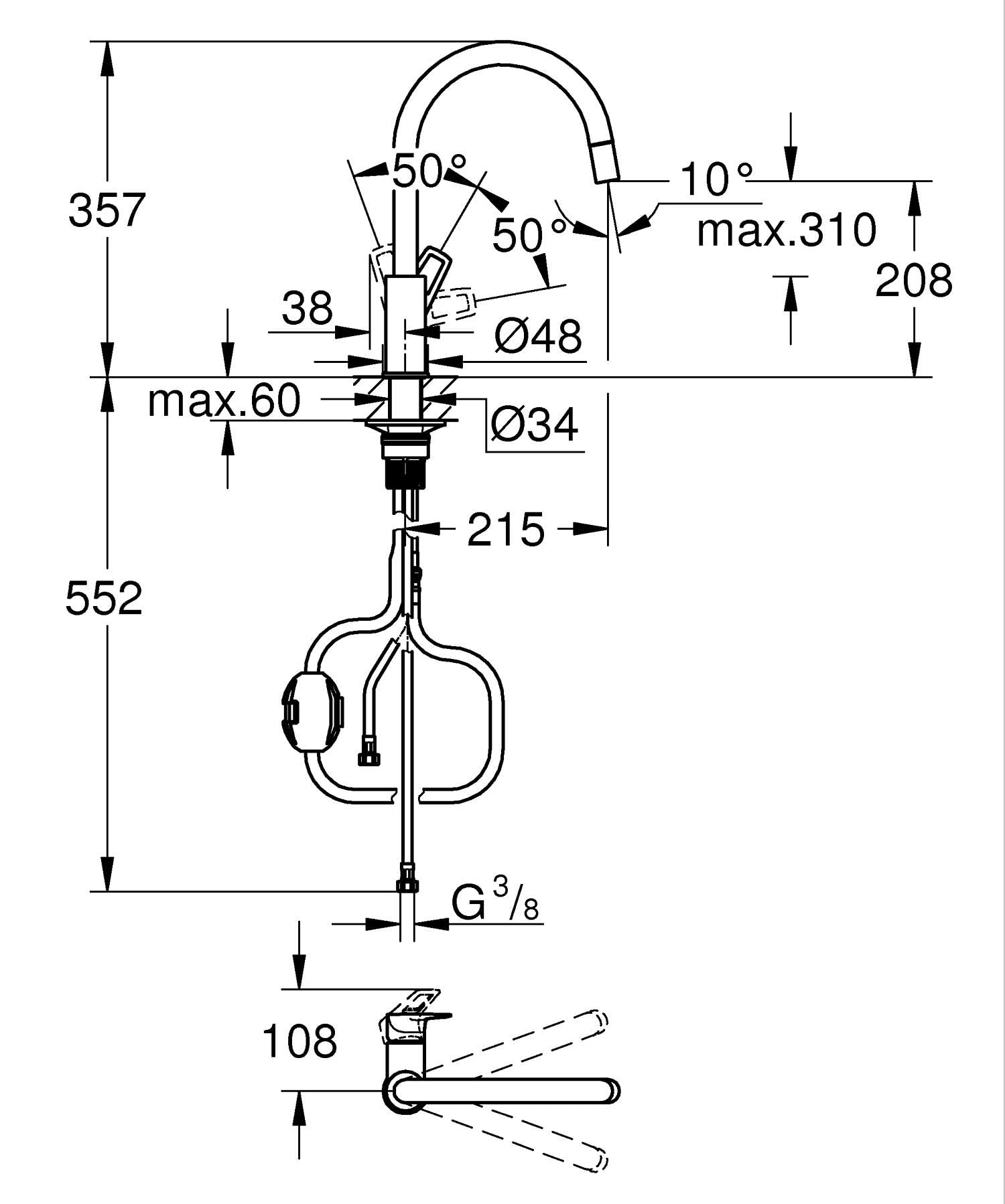GROHE StartLoop - Rubinetto da cucina con beccuccio alto rimovibile, forma C, girevole a 360°, installazione QuickFix, limitatore di flusso ecologico, cromato, 305560000