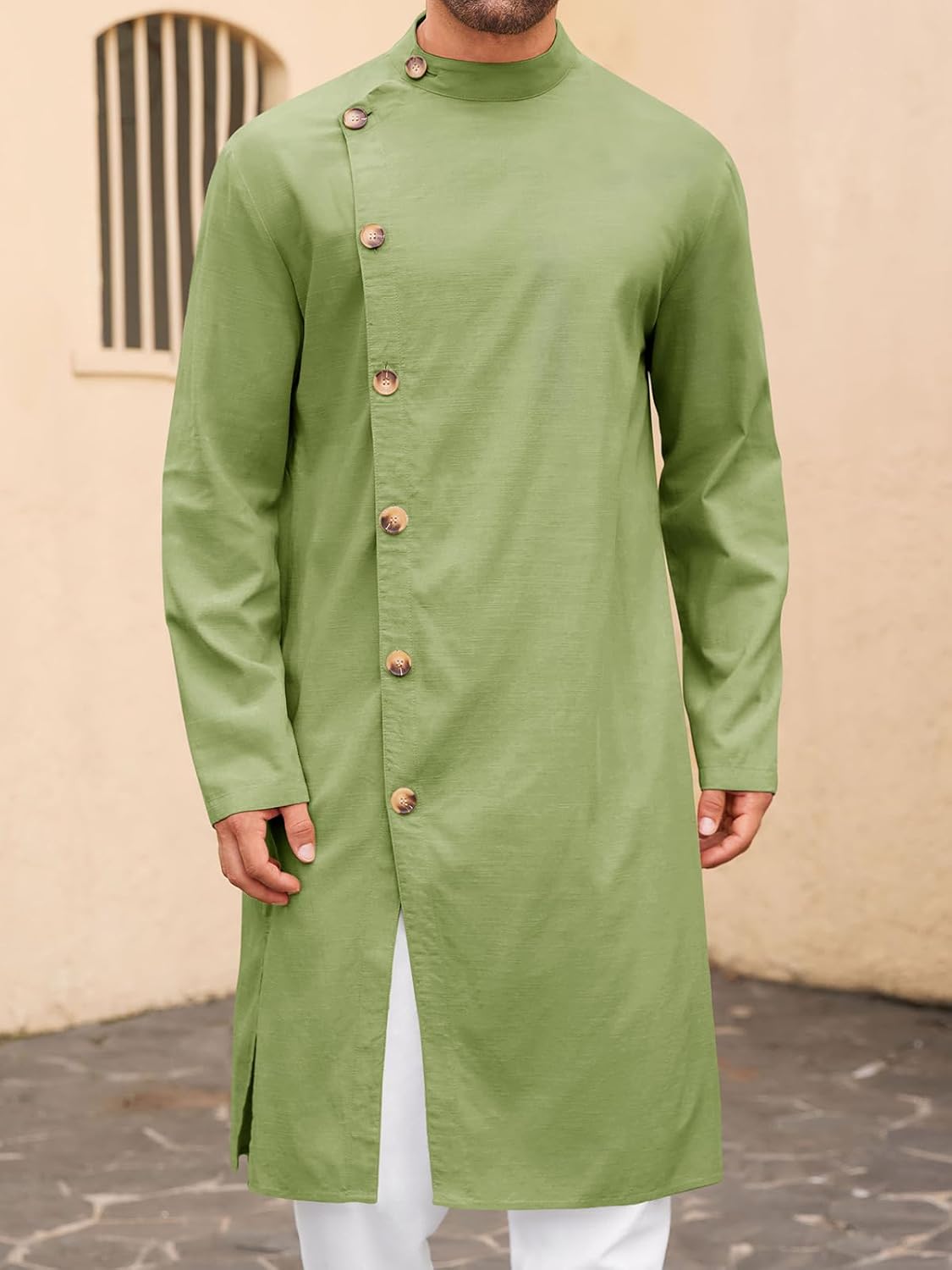 Runcati Mens Kaftan Thobe Button Down Long Sleeve Robe Casual Henley Shirt Cotton Muslim Gown Kurta Tops - Image 2