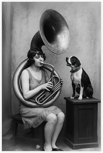 Music Art Dog Love Vintage Sound Gramophone Black White Quirky Pair Musical Girl Pet Portrait Retro Mood Classic Sound Pup Style Audio Art Canvas