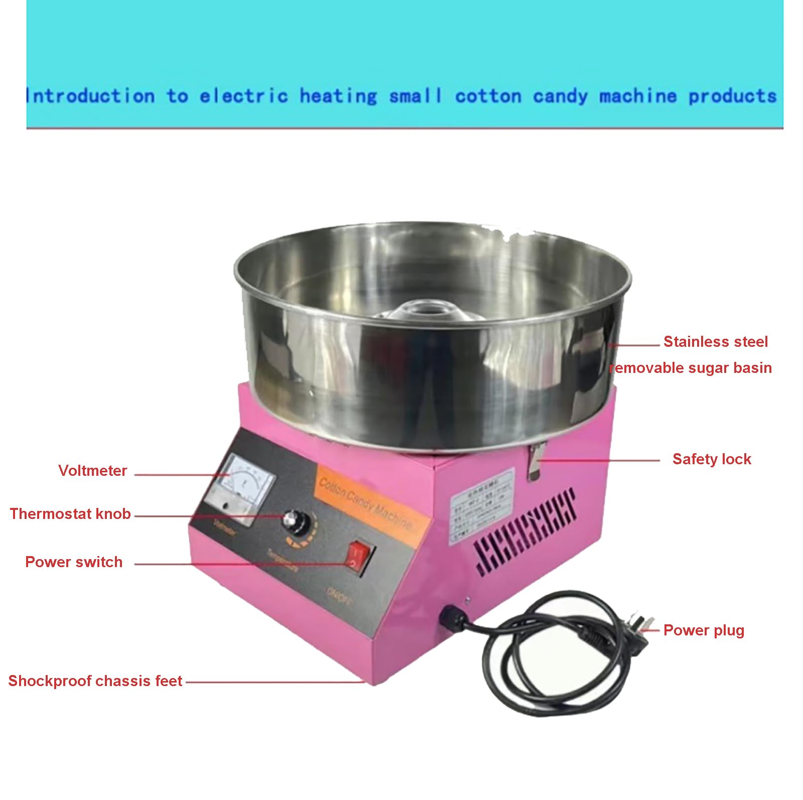 Machine à barbe à papa professionnelle 1000 W 50-300 °C 110 ~ 240 V 50 ~ 60 Hz pour maison, anniversaire, fête de famille (rose)