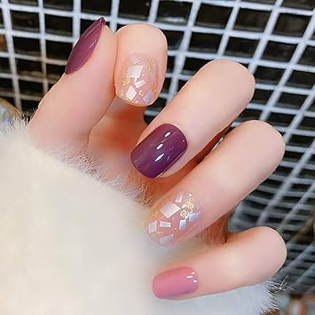 Amazon Com Sethexy Short Fake Nials Square False Nails Chic Glitter Purple And Pink Fake Nails Ins Style 24pcs Press On Full Cover Acrylic Art Tips For Women And Girls Beauty