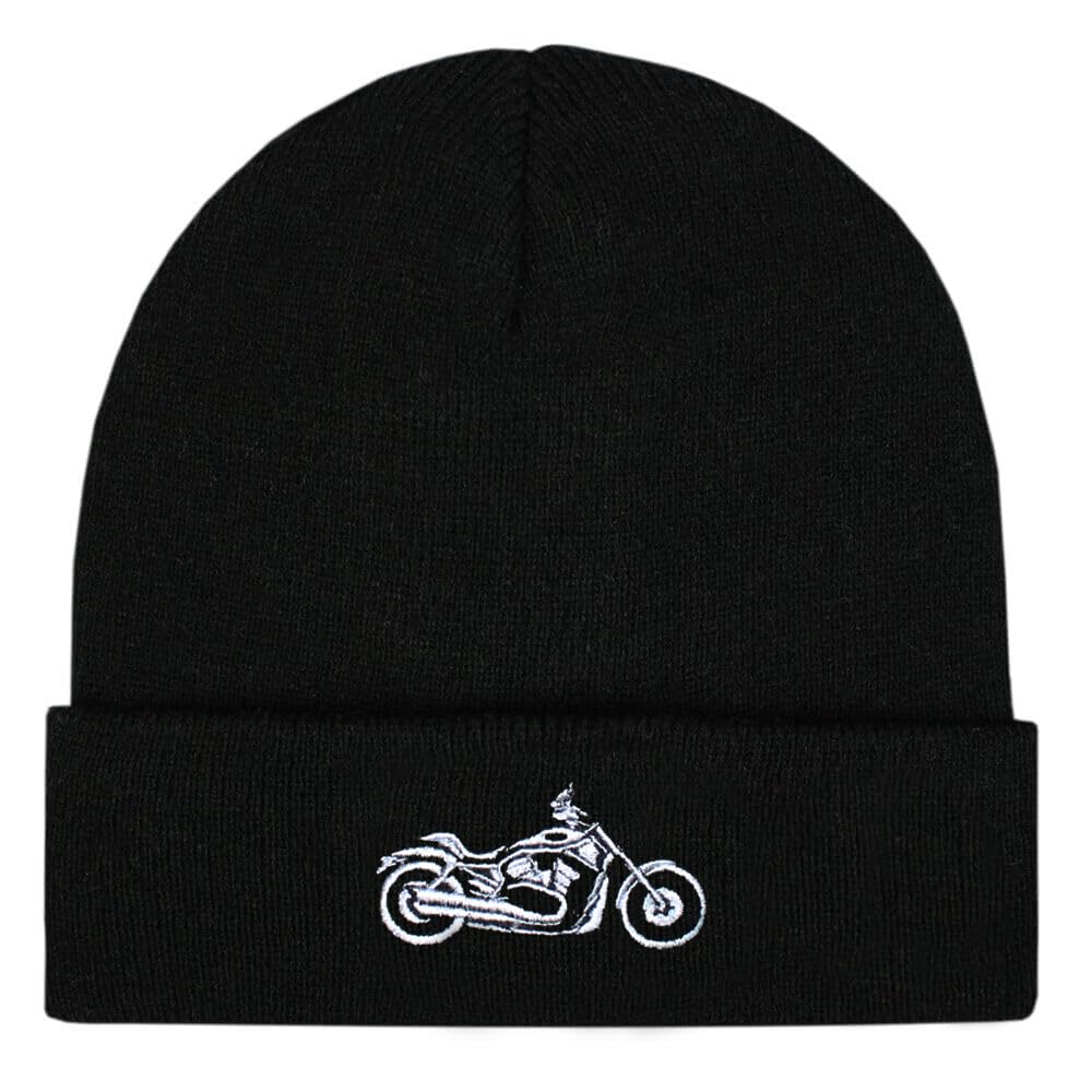 Teddyt's Men's Black Motorbike Embroidered Thermal Knit Rib Beanie Hat