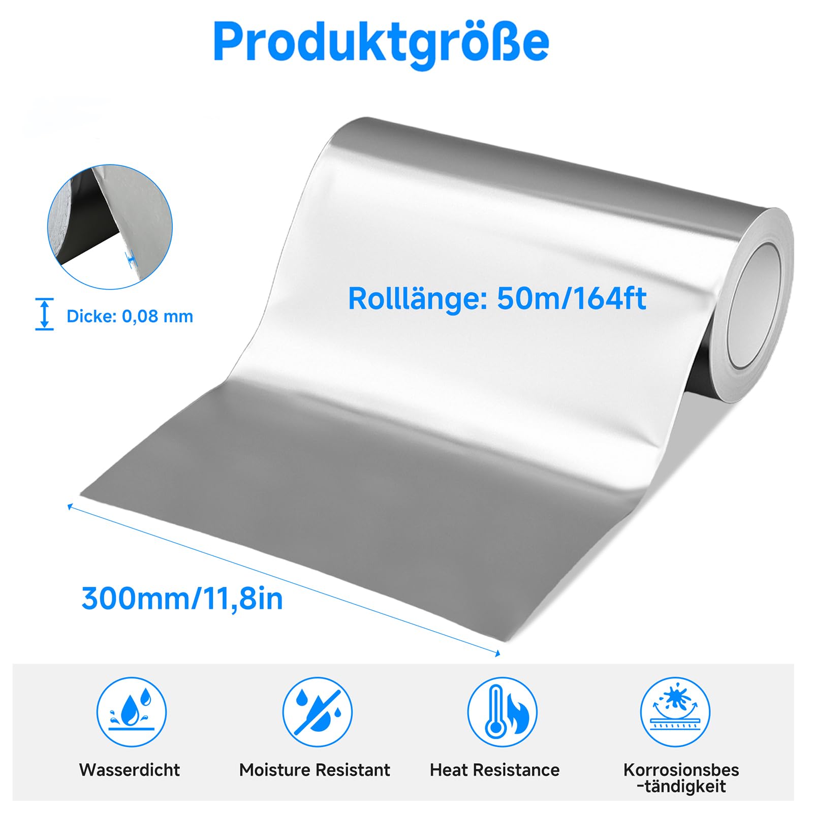 bimiti 300mm x 50m Aluminium klebeband, 0,08mm Dickes Aluklebeband | Selbstklebend Alufolie Hitzebeständig, Wasserdicht, für HVAC, Rohrisolierung, Kaminabdichtung, Reparaturen