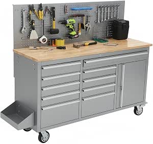 61-Inch Rolling Tool Chest Workbench with 10 Drawers, Pegboard, Power Outlet, Lockable Wheels, and Wood Top