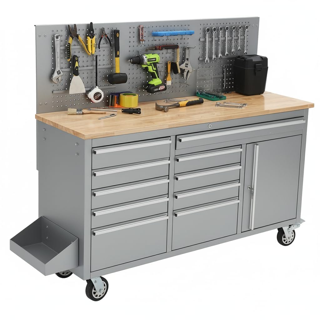 61" Rolling Tool Chest with 10 Drawers, Workbench Cabinet with Power Strip, Solid Rubber Wood Top, 1675 LBS Load, Mobile Heavy Duty Garage Storage, Locking Wheels, Silver