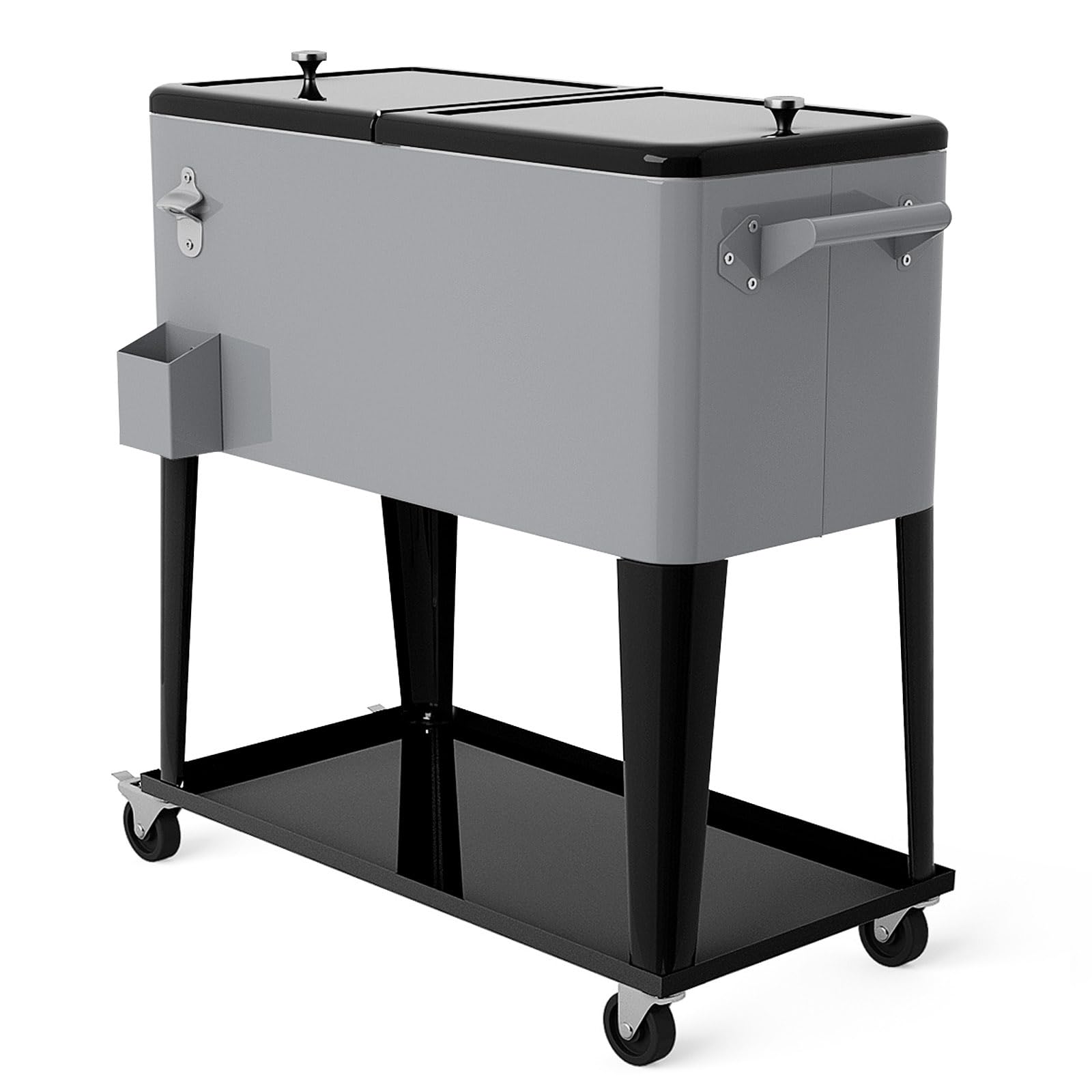 SPOTRAVEL 75L/76L Rolling Cooler Cart, Insulation Ice Chest on Wheels with Shelf, Handles & Bottle Opener, Outdoor Beverage Cooler Serving Trolley for Party Camping (Grey Silver, 91 x 48 x 87 cm)