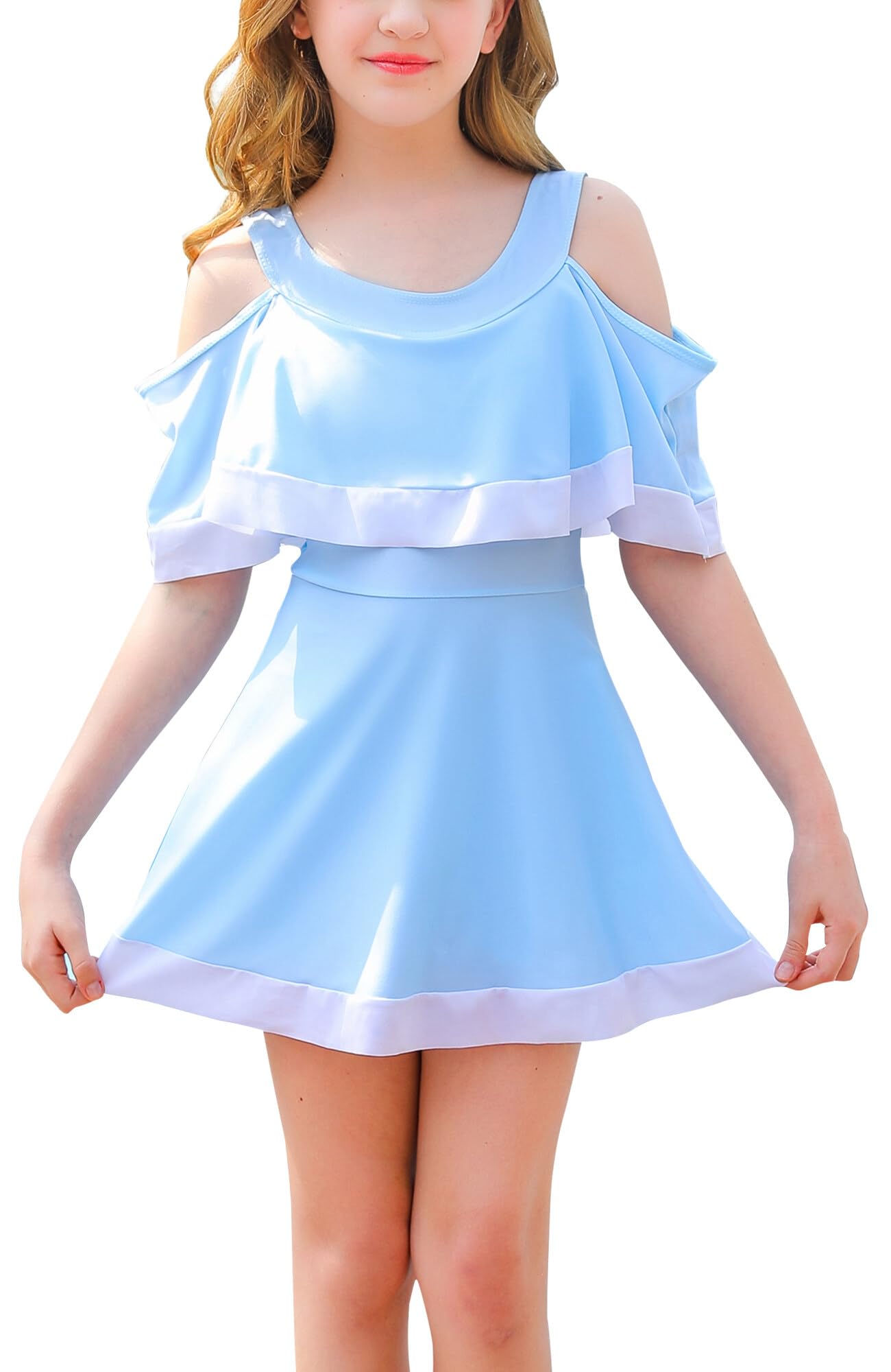 SEAUR Traje de Baño de 1 Pieza Niñas Vestido de Baño de Manga Corta Ropa de Playa de Verano con Pantalón Corto Bañador de Piscina Surf para 7-18 Años