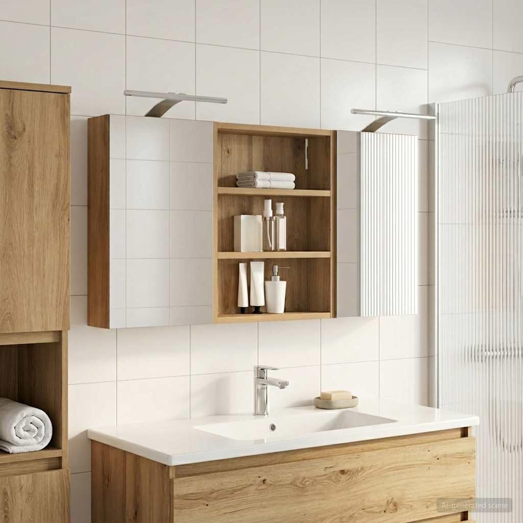 3-częściowy zestaw szafek łazienkowych z drewnopochodnym z oświetleniem LED, 100 x 10,5 x 50 cm, montowana na ścianie, z miejscem do przechowywania, półkami, dwojgiem drzwi i dwukierunkowym